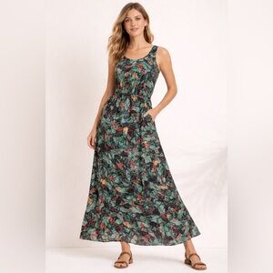 Cantão Bird Print Maxi Dress | Sleeveless Abstract Nature Dress | Size M